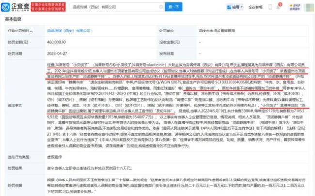 小贝饿了带货因虚假宣传被罚46万 把非原切牛排宣传为原切